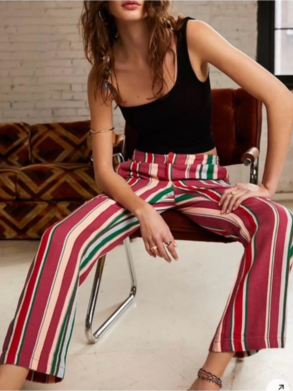Free People Women’s Pants Sz 12 High Waist Wide Leg Stripes Pockets
